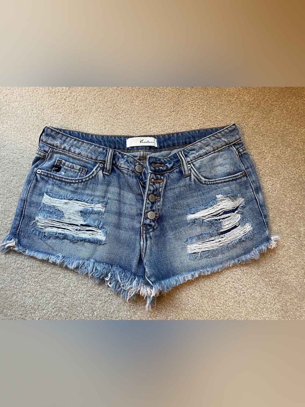 KanCan Distressed Button-Fly Denim Shorts in Blue